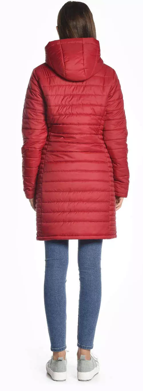 Модерно червено ватирано дълго палто с качулка