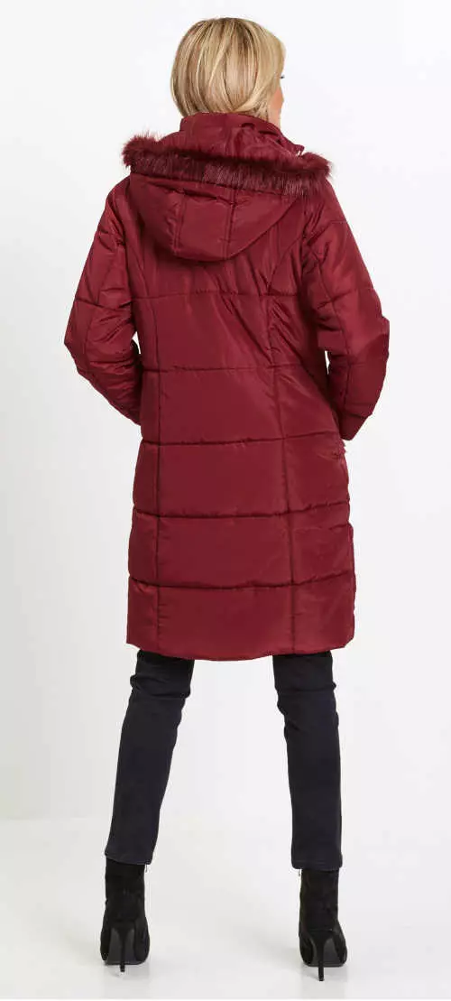Червено удължено дамско зимно яке с качулка и козина