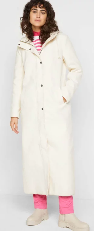 Дълго дамско бяло вълнено палто с качулка