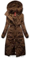 Дълго кафяво ватирано дамско зимно палто с изключително висока яка