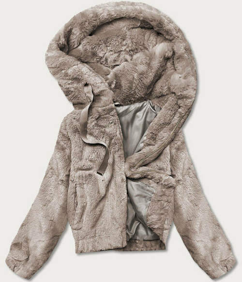 Късо бежово дамско кожено яке с качулка