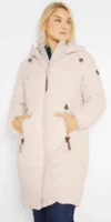 Дълго топло бежово ватирано дамско зимно палто с качулка