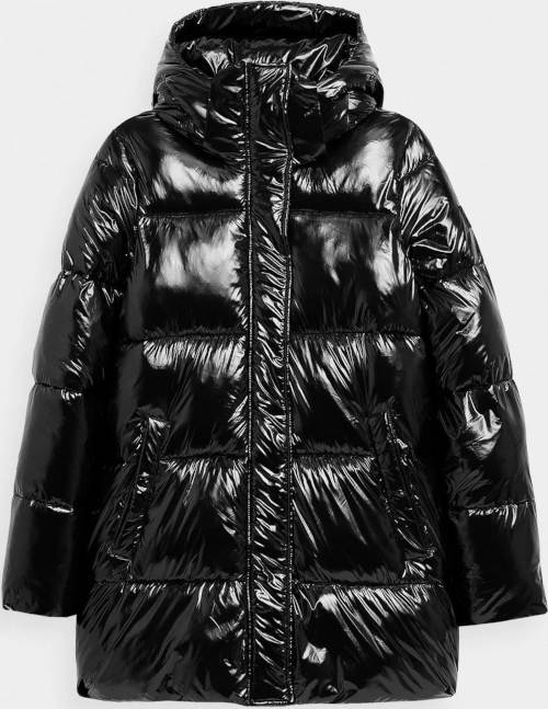 Отличително лъскаво черно ватирано зимно яке