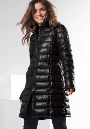 Дълго олекотено дамско ватирано черно зимно яке